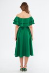 Yeşil Midi Dökümlü Dokuma Fırfır Yaka Düşük Omuz Mezuniyet Abiye Elbise