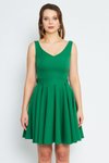 Yeşil Mini Kloş V Yaka Süs Düğmeli Sırtı Fiyonklu Abiye Elbise
