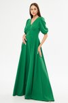 Yeşil Uzun Balon Kol V Yaka Korsaj Kemer Detaylı Abiye Elbise