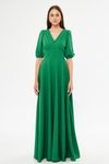 Yeşil Uzun Balon Kol V Yaka Korsaj Kemer Detaylı Abiye Elbise