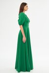Yeşil Uzun Balon Kol V Yaka Korsaj Kemer Detaylı Abiye Elbise
