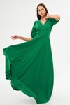 Yeşil Uzun Balon Kol V Yaka Korsaj Kemer Detaylı Abiye Elbise