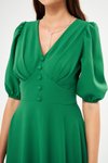 Yeşil Uzun Balon Kol V Yaka Korsaj Kemer Detaylı Abiye Elbise