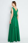Yeşil Uzun Kloş V Yaka Sırtı Fiyonklu Abiye Elbise