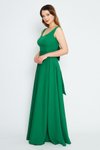 Yeşil Uzun Kloş V Yaka Sırtı Fiyonklu Abiye Elbise