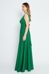 Yeşil Uzun Kloş V Yaka Sırtı Fiyonklu Abiye Elbise