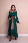 Zümrüt Asimetrik Kesim Uzun Kol Deri Kemerli Elbise
