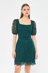 Zümrüt Fransız Dantel Mini Balon Kol Kare Yaka Abiye Elbise