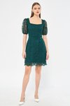Zümrüt Fransız Dantel Mini Balon Kol Kare Yaka Abiye Elbise