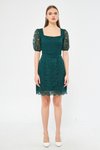 Zümrüt Fransız Dantel Mini Balon Kol Kare Yaka Abiye Elbise