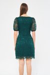 Zümrüt Fransız Dantel Mini Balon Kol Kare Yaka Abiye Elbise