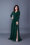 Zümrüt Simli Uzun Kruvaze Yaka Yırtmaçlı Kol Abiye Elbise