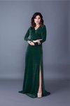 Zümrüt Simli Uzun Kruvaze Yaka Yırtmaçlı Kol Abiye Elbise