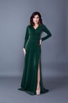 Zümrüt Simli Uzun Kruvaze Yaka Yırtmaçlı Kol Abiye Elbise