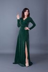 Zümrüt Simli Uzun Kruvaze Yaka Yırtmaçlı Kol Abiye Elbise