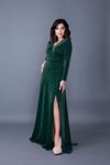 Zümrüt Simli Uzun Kruvaze Yaka Yırtmaçlı Kol Abiye Elbise