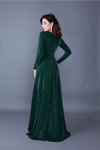 Zümrüt Simli Uzun Kruvaze Yaka Yırtmaçlı Kol Abiye Elbise