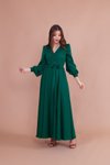 Zümrüt Uzun Kruvaze Yaka Kemerli Elbise