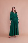 Zümrüt Uzun Kruvaze Yaka Kemerli Elbise