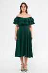Zümrüt Yeşili Midi Dökümlü Fırfır Yaka Elbise
