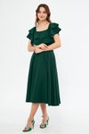Zümrüt Yeşili Midi Dökümlü Fırfır Yaka Elbise