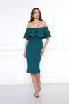 Zümrüt Yeşili Midi Kalem Karmen Yaka Abiye Elbise