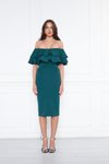 Zümrüt Yeşili Midi Kalem Karmen Yaka Abiye Elbise