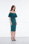 Zümrüt Yeşili Midi Kalem Karmen Yaka Abiye Elbise