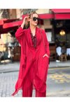 Bordo Oversize İpek Detaylı Kap Bluz Wes Pantolon İkili Takım