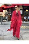 Bordo Oversize İpek Detaylı Kap Bluz Wes Pantolon İkili Takım