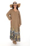 Camel Dijital Baskılı İtalyan Uzun Kol Keten V Yaka Elbise