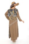 Camel Dijital Baskılı İtalyan Uzun Kol Keten V Yaka Elbise