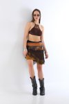 Camel Yılan Derisi Desenli Mini Boho Örgülü Kemerli Etek