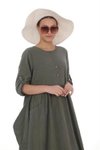 Haki Uzun Kol Balon Keten Elbise