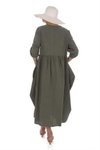 Haki Uzun Kol Balon Keten Elbise
