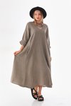 Haki Uzun Kol İtalyan V Yaka Keten Elbise