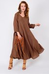Italian Long Sleeve Linen V-Neck Dress - Brown