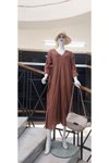 Kahve İtalyan V Yaka Uzun Kol Keten Elbise