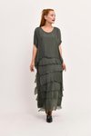 Long Half Sleeve Italian Slimming Fit Layered Silk Dress - Dark Khaki