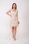 Krem Mini Taşlanmış İpek Kat Detaylı Elbise