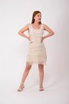 Krem Mini Taşlanmış İpek Kat Detaylı Elbise