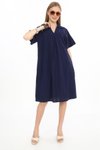 Lacivert Midi Keten Yarım Kol V Yaka Elbise