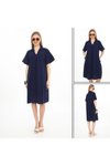 Lacivert Midi Keten Yarım Kol V Yaka Elbise