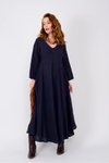 Long Sleeve Italian Linen V-Neck Dress - Navy Blue