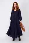 Lacivert Uzun Kol İtalyan Keten V Yaka Elbise