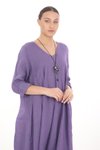Mor İtalyan Midi Uzun Kol Keten V Yaka Elbise