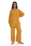 Sarı Kapüşonlu İtalyan Fisto Detaylı Keten Pantolon Ceket Takım