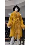 Sarı Uzun Angora Pula Yakalı Komple Kürklü Kaban