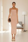 Bej İpek Jarse Midi Straplez Kesim Elbise
