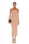 Bej İpek Jarse Midi Straplez Kesim Elbise